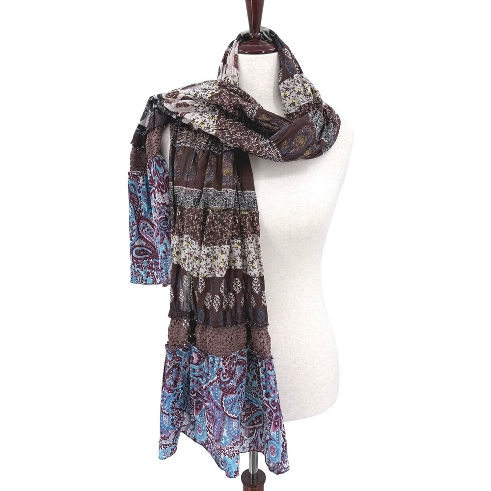 Boho Patchwork Paisley Floral Scarf Wrap Brown Blue Crochet Lace Trim‎ Cotton